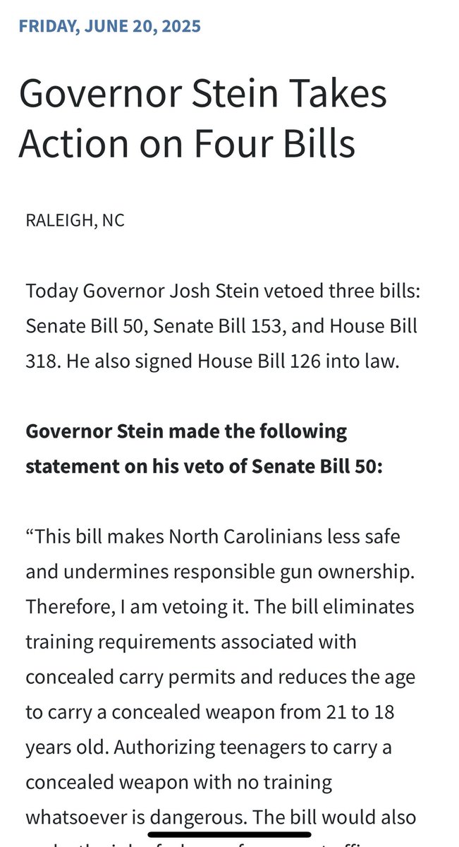 Thank you Governor Stein for 3 vetoes on horrible bills. Now let’s work to sustain the vetoes to keep carry concealed gun permits and due process for everyone.  #ncdems #ncpol