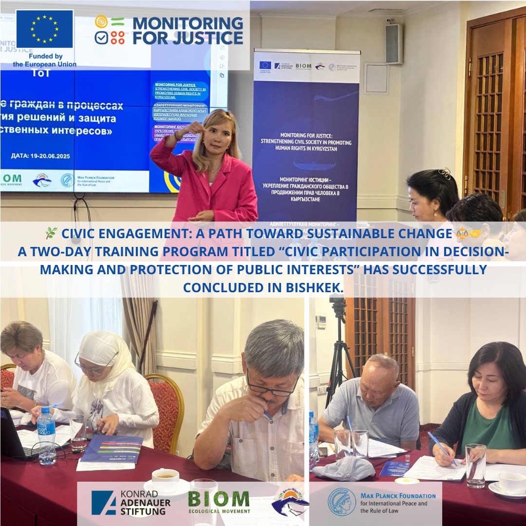 biomteam's tweet photo. 🤝 The “Monitoring for Justice” project continues to empower civil society in 🇰🇬.
Through legal literacy training, citizens gain tools to engage in norm-making, ensure oversight &amp; protect public interest — paving the way for long-term impact.
@EUinKyrgyzstan @KASonline 
#EU4KG https://t.co/P1SuabD9X7