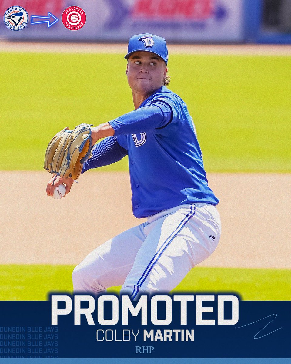 Dunedin Blue Jays (@dunedinbluejays) on Twitter photo Colby Martin’s heater is crossing the border 🔥
After posting a 1.61 ERA in 20 games for Dunedin, Martin has been promoted to High-A <a href="/vancanadians/">Vancouver Canadians</a>! Colby Martin’s heater is crossing the border 🔥
After posting a 1.61 ERA in 20 games for Dunedin, Martin has been promoted to High-A <a href="/vancanadians/">Vancouver Canadians</a>!