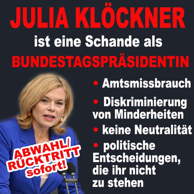 Norbert LAMMERT  👍
Wolfgang SCHÄUBLE   👍
Bärbel BAS  👌
Julia KLÖCKNER  👎👎

So unverfroren wie KLÖCKNER hat m. E. niemand von denen 👆👆👆 PARTEIPOLITIK zur Schau gestellt.
DIESE FRAU IST FEHL AM PLATZ  ! ! !