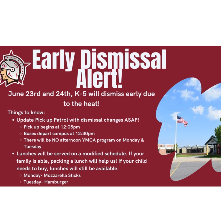 Please see Dr. Croft's message for more information. We will have 1/2 days of school 6/23 and 6/24 due to the predicted high temperatures.