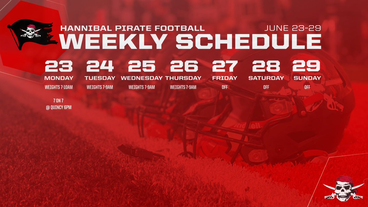 Hannibal Pirate Football June 23rd-29th Schedule. 7 on 7 passing league will be in Quincy this week at QHS.