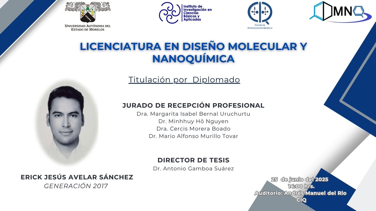 #TitulaciónPorDiplomado
#Licenciatura
¡¡¡ El #CIQ se congratula !!! La Licenciatura en Diseño Molecular y Nanoquímica se complace en anunciar la Titulación de ERICK JESÚS AVELAR SANCHÉZ 
¡ F E L I C I D A D E S ! 
#orgullociq #CIQ
#UAEM #IICBA #química #Diplomado