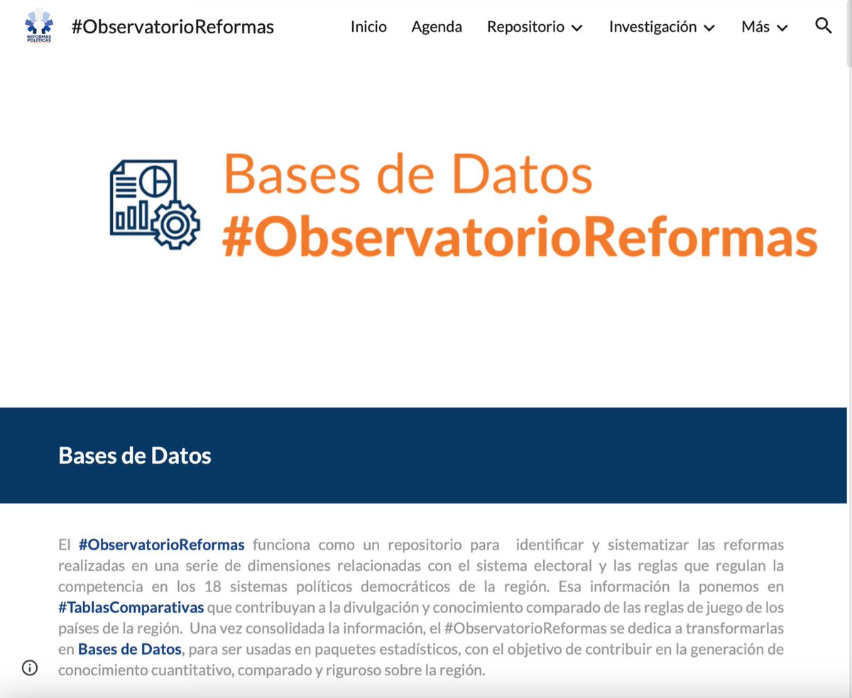 📌📊 | #BasesDeDatos #ObservatorioReformas

Conoce las Bases de Datos del #ObservatorioReformas, un repositorio que sistematiza y actualiza continuamente reformas políticas en 18 países de América Latina.

Estas bases permiten realizar análisis cuantitativos y comparados para