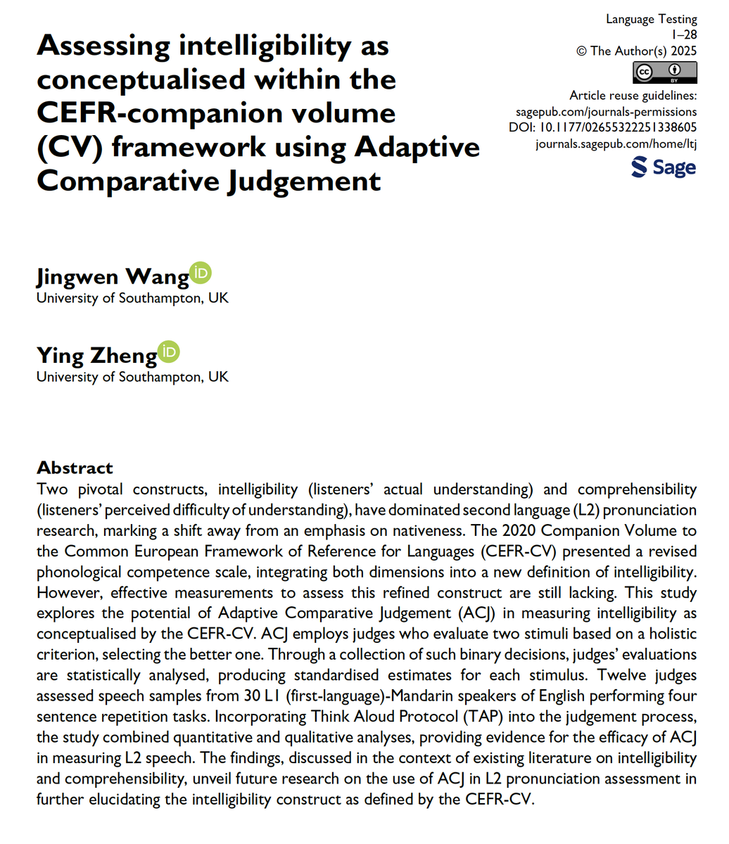 Language Testing (@langtestjournal) on Twitter photo Now available in Online First, Jingwen Wang (<a href="/unisouthampton/">University of Southampton</a>) and <a href="/YingZhengUK/">Ying Zheng</a> evaluate the reliability and validity of Adaptive Comparative Judgement in measuring intelligibility as defined by the CEFR Companion volume. journals.sagepub.com/doi/10.1177/02⦠Now available in Online First, Jingwen Wang (<a href="/unisouthampton/">University of Southampton</a>) and <a href="/YingZhengUK/">Ying Zheng</a> evaluate the reliability and validity of Adaptive Comparative Judgement in measuring intelligibility as defined by the CEFR Companion volume. journals.sagepub.com/doi/10.1177/02ā¦