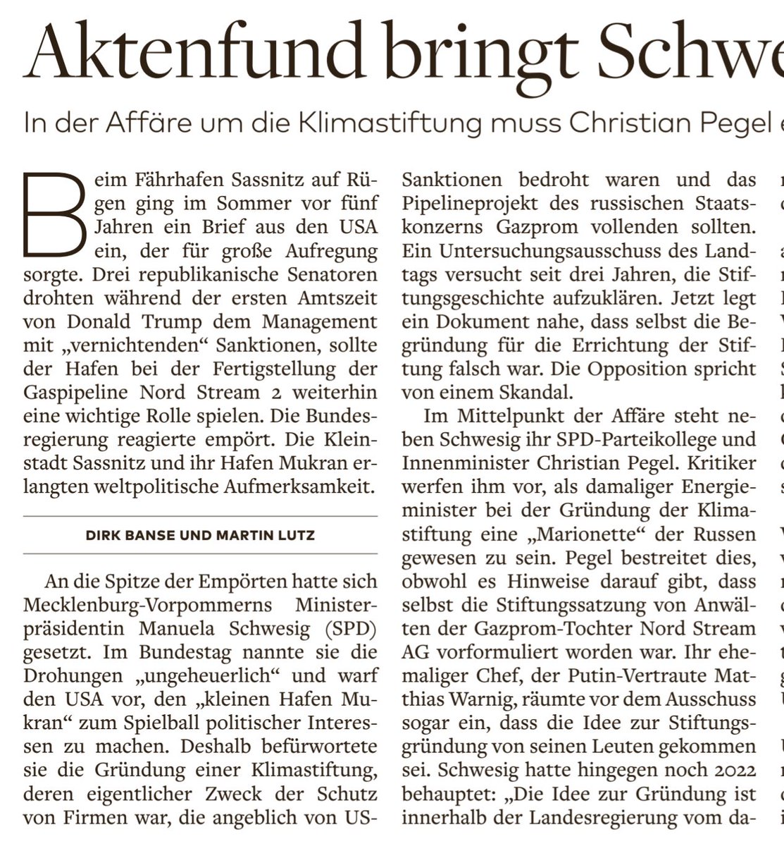 🔴Morgen in WELT AM SONNTAG: Neuigkeiten zur Mauschelei von <a href="/ManuelaSchwesig/">Manuela Schwesig</a> und Innenminister Pegel in Sachen #Nordstream/#Klimastiftung. <a href="/dirkbanse/">Dirk Banse</a> <a href="/MartinLutzWELT/">Martin Lutz</a>