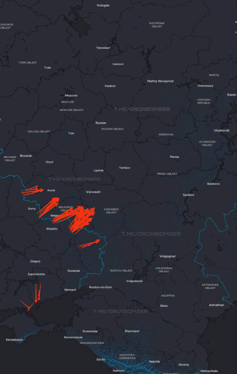 DrnBmbr's tweet image. 🇺🇦23:50 | 20/06
Approximate flight routes of our UAVs:
🔴 Red arrow – directions of loitering munition/strike UAVs;
All information regarding the routes is taken from Russian sources.