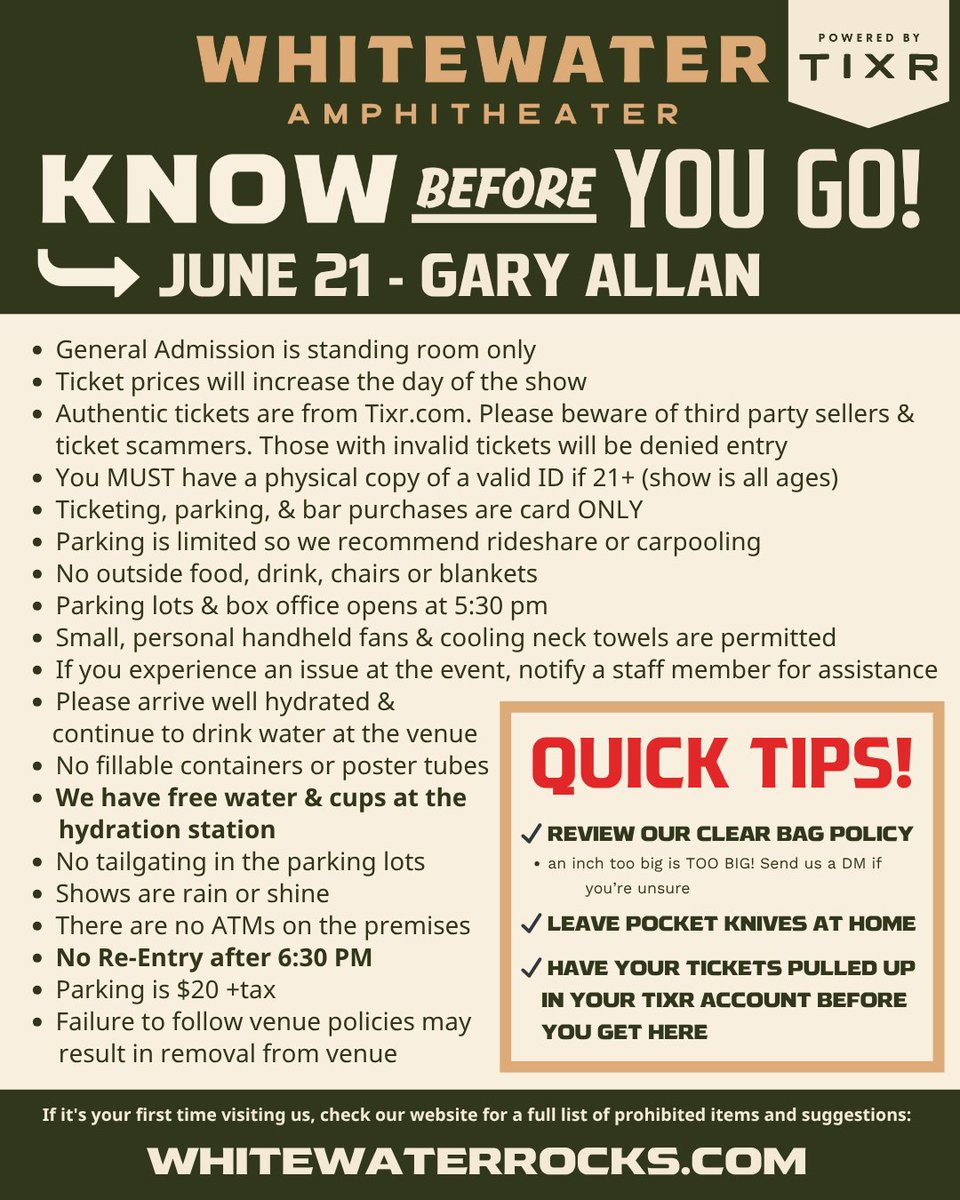 WhitewaterRocks's tweet image. See y'all this Saturday for @GaryAllan!
Need tickets? Get 'em at whitewaterrocks.com
🎟️Have your tickets pulled up in your Tixr account and ready to be scanned before you get here
🌊HYDRATE!!! We offer free water and cups at our Hydration Station in the Biergarten and will…