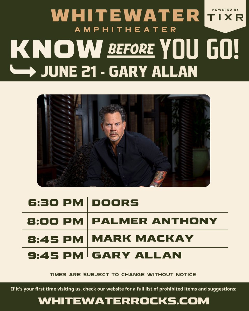 WhitewaterRocks's tweet image. See y'all this Saturday for @GaryAllan!
Need tickets? Get 'em at whitewaterrocks.com
🎟️Have your tickets pulled up in your Tixr account and ready to be scanned before you get here
🌊HYDRATE!!! We offer free water and cups at our Hydration Station in the Biergarten and will…