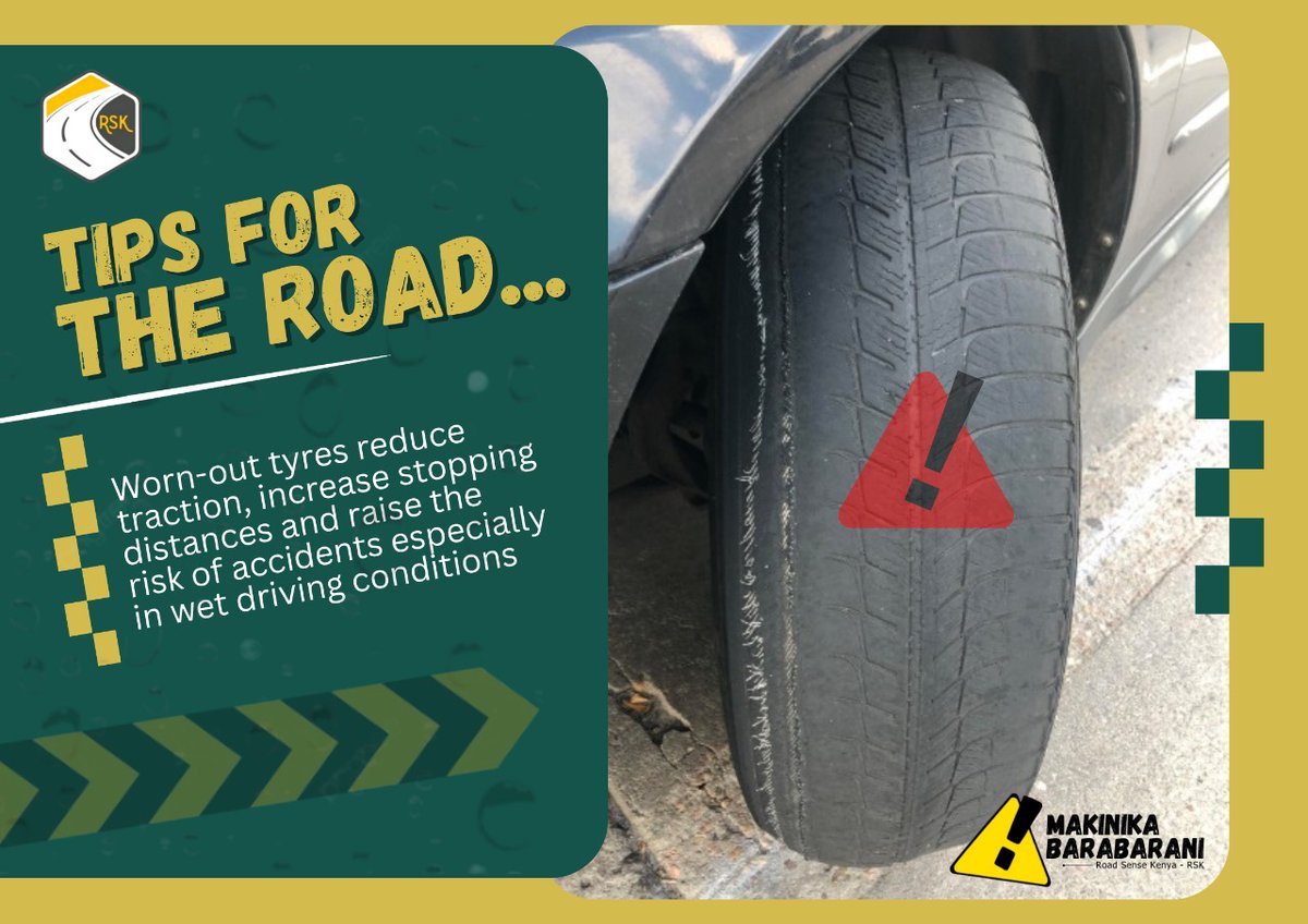 ⚠️ Worn-out tyres reduce grip, increase stopping distance and raise the risk of accidents especially in wet driving conditions. 
#MakinikaBarabarani

<a href="/ntsa_kenya/">NTSA KENYA</a> <a href="/Ma3Route/">Ma3Route</a>