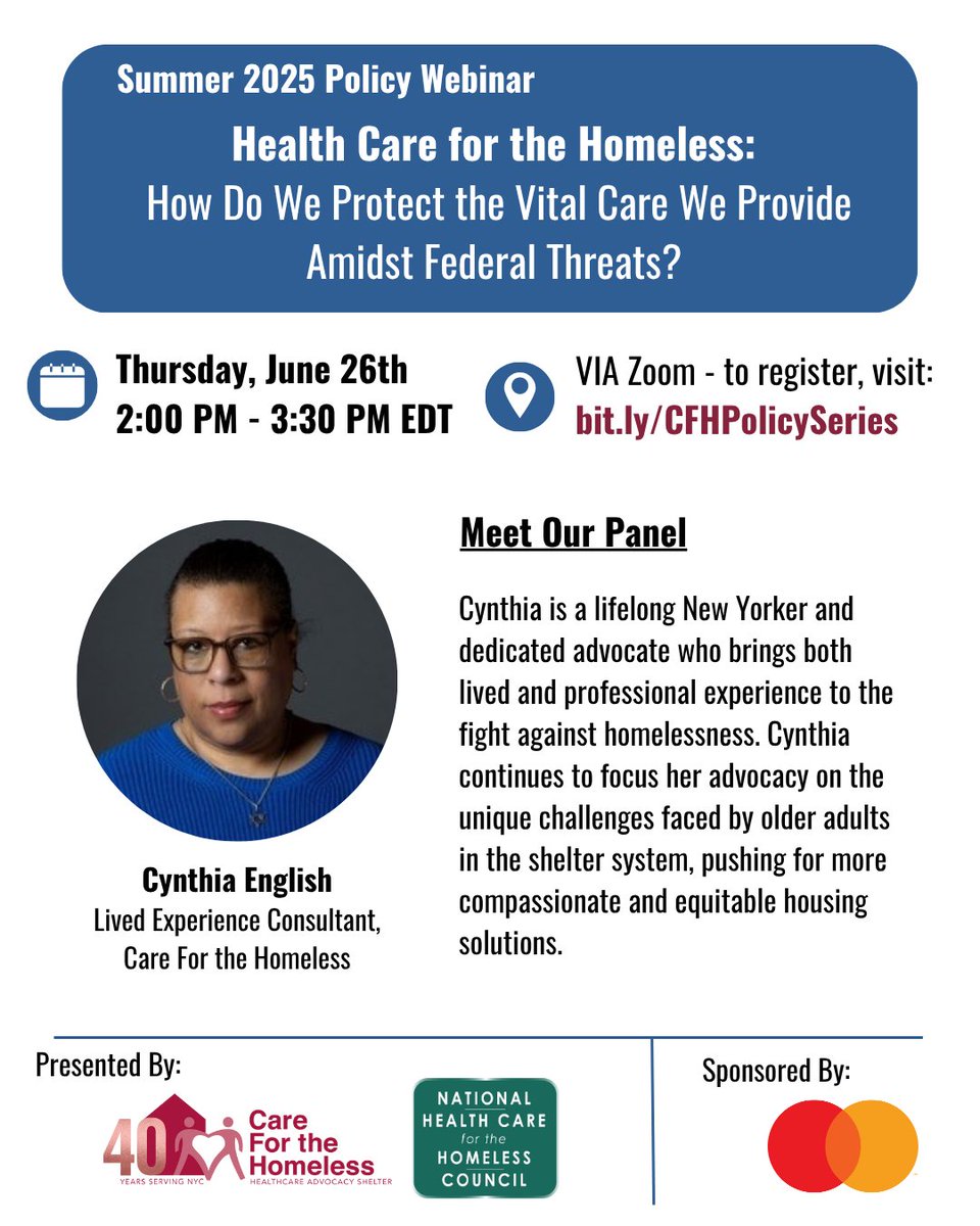 CFHNYC's tweet image. Join us June 26 at 2pm ET for a webinar featuring Cynthia English, Board Member & Lived Experience Consultant at Care For the Homeless.
Her lived experience drives advocacy & policy solutions to create & enhance pathways to health care access.
Register: bit.ly/CFHPolicySeries
