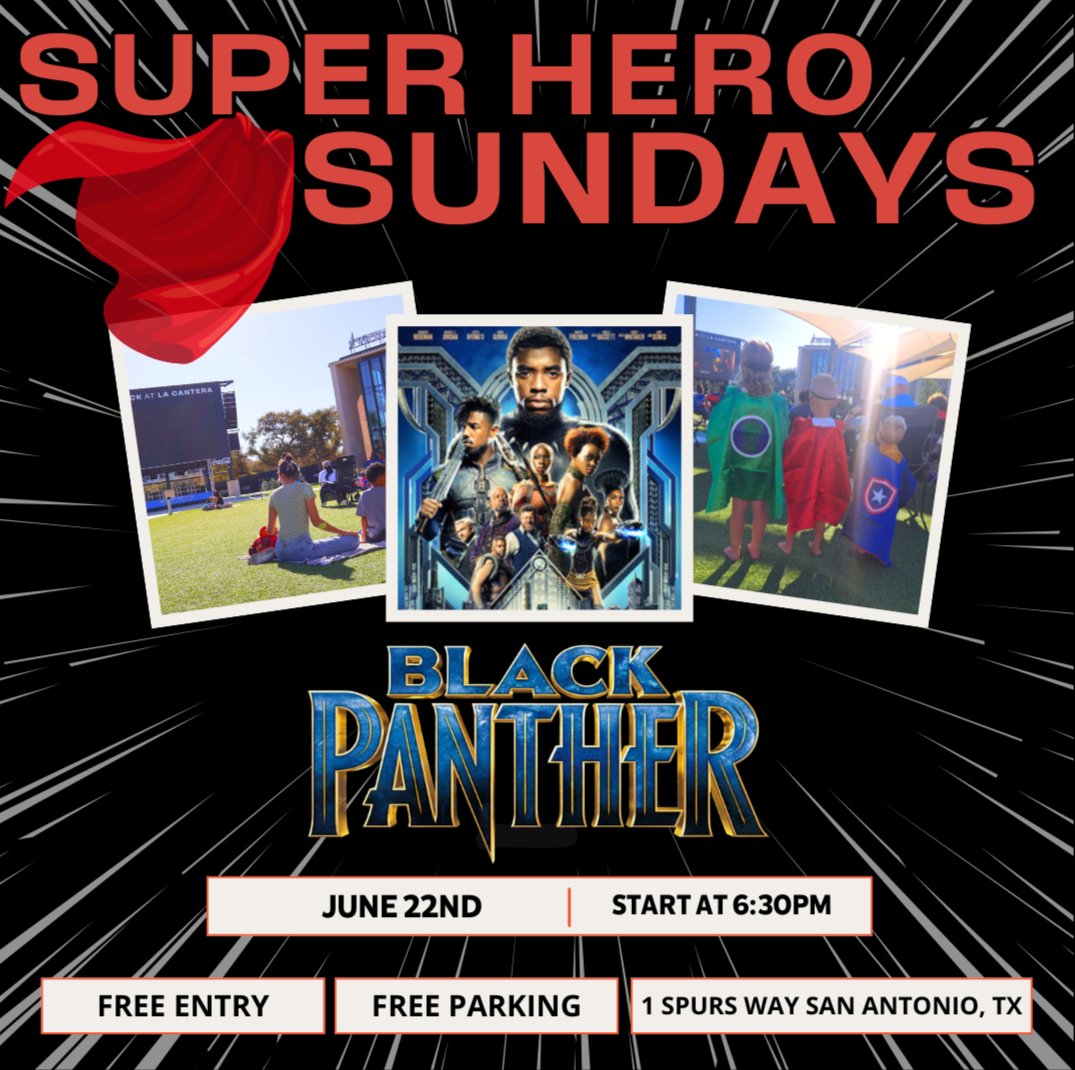 The Rock at La Cantera (@rockatlacantera) on Twitter photo ๐พ Wakanda Forever this Superhero Sunday!
Catch Black Panther on the big screen June 22 at 6:30PM.
๐ Games & giveaways kick off at 6PM
๐๏ธ Free entry & parking
๐๏ธ Bring blankets, chairs & royal vibes! ๐พ Wakanda Forever this Superhero Sunday!
Catch Black Panther on the big screen June 22 at 6:30PM.
๐ Games & giveaways kick off at 6PM
๐๏ธ Free entry & parking
๐๏ธ Bring blankets, chairs & royal vibes!