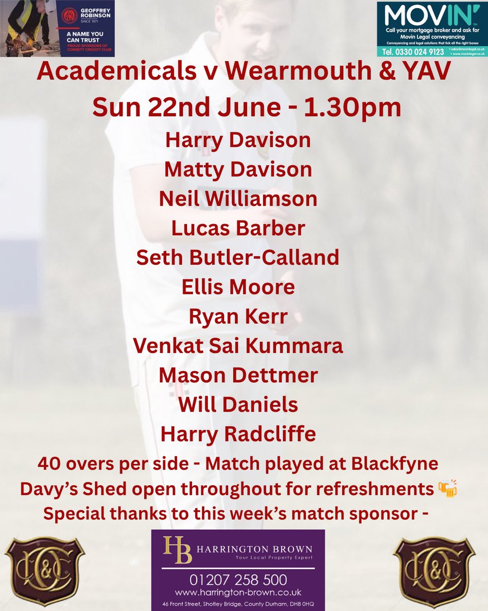 Consett Cricket Club π (@consettcc) on Twitter photo πβοΈ Weekend Seniors βοΈπ
Saturday;
1st X1 travel to <a href="/Stocksfield_CC/">Stocksfield Cricket Club</a> - 1pm
2nd X1 host <a href="/Stocksfield_CC/">Stocksfield Cricket Club</a> -1pm
Sunday
Academicals host Wearmouth & YAV - 1.30pm
Davys Shed open throughout both home games. Come on down and support your club! πβοΈ Weekend Seniors βοΈπ
Saturday;
1st X1 travel to <a href="/Stocksfield_CC/">Stocksfield Cricket Club</a> - 1pm
2nd X1 host <a href="/Stocksfield_CC/">Stocksfield Cricket Club</a> -1pm
Sunday
Academicals host Wearmouth & YAV - 1.30pm
Davys Shed open throughout both home games. Come on down and support your club!