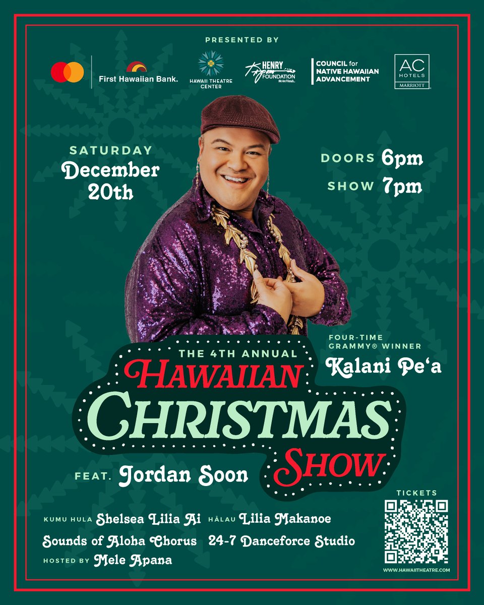 Hawaii Theatre (@hawaiitheatre) on Twitter photo ON SALE NOW! Four Time GRAMMY® Winner <a href="/kalanipeamusic/">Kalani Pe'a</a> returns To Hawaii Theatre For his Hawaiian Christmas Show 2025! 🌺🎄
💖 Join us on Saturday, December 20th for a grand celebration of the Holiday Season!
🎟️ Get your tickets now at hawaiitheatre.com/kalanipeachris… ! ON SALE NOW! Four Time GRAMMY® Winner <a href="/kalanipeamusic/">Kalani Pe'a</a> returns To Hawaii Theatre For his Hawaiian Christmas Show 2025! 🌺🎄
💖 Join us on Saturday, December 20th for a grand celebration of the Holiday Season!
🎟️ Get your tickets now at hawaiitheatre.com/kalanipeachris… !