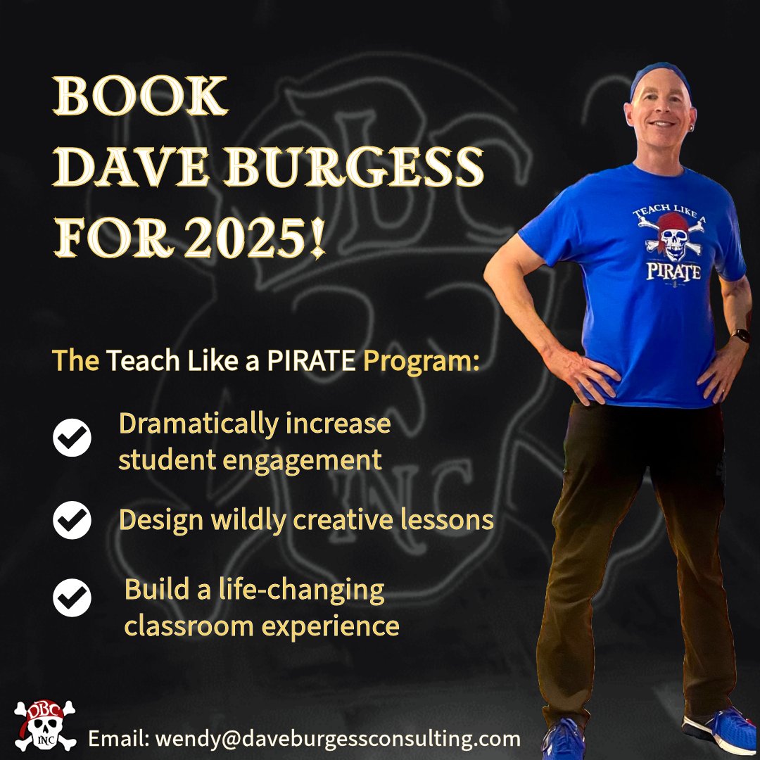 Dave Burgess Consulting, Inc. (@dbc_inc) on Twitter photo We still have a few openings for Dave Burgess to speak at your event!
Book for 2025!
Contact Wendy at wendy@daveburgessconsulting.com !
📖 ☠️ daveburgessconsulting.com/books/teachlik…
#tlap #dbcincbooks <a href="/burgessdave/">Dave Burgess</a> <a href="/TaraMartinEDU/">Tara M Martin</a> We still have a few openings for Dave Burgess to speak at your event!
Book for 2025!
Contact Wendy at wendy@daveburgessconsulting.com !
📖 ☠️ daveburgessconsulting.com/books/teachlik…
#tlap #dbcincbooks <a href="/burgessdave/">Dave Burgess</a> <a href="/TaraMartinEDU/">Tara M Martin</a>