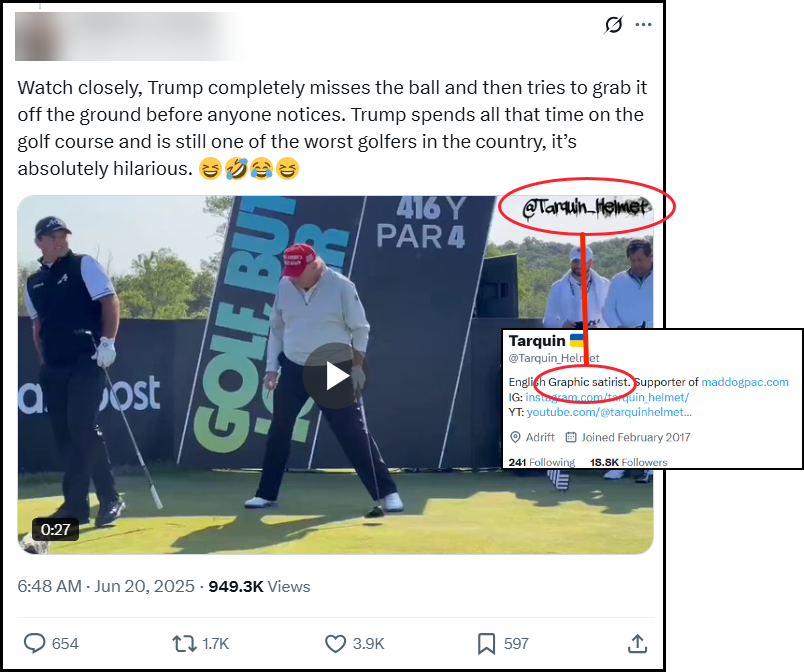 danieljevon's tweet photo. This video of Trump cheating at golf is fake. 

A reverse image search uncovers the original clip from 2023 which shows Trump hitting the ball.

The altered video includes a watermark for an account belonging to "graphic satirist." https://t.co/Zao0JZQ4g7