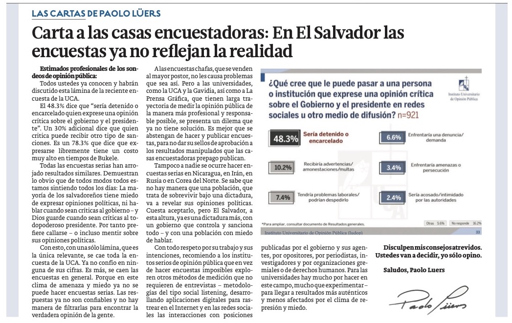 "En este clima de amenaza y miedo ya no se puede hacer encuestas serias." PAOLO
columnatransversal.blogspot.com/2025/06/carta-…
siguientepagina.blogspot.com/2025/06/carta-…
EL AUDIO: cdn-pro.elsalvador.com/wp-content/upl…