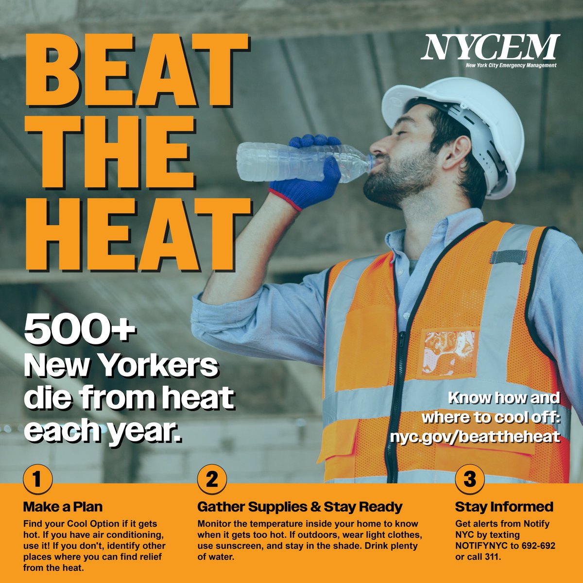 📢NYC is on Extreme Heat Watch! 🥵Extreme heat is deadly but it's preventable. Get real-time alerts from <a href="/NotifyNYC/">NYCEM - Notify NYC</a> text NotifyNYC to 692-692 #BeatTheHeat #NYCReady #EmergencyPreparedness #HeatSafety #NotifyNYC