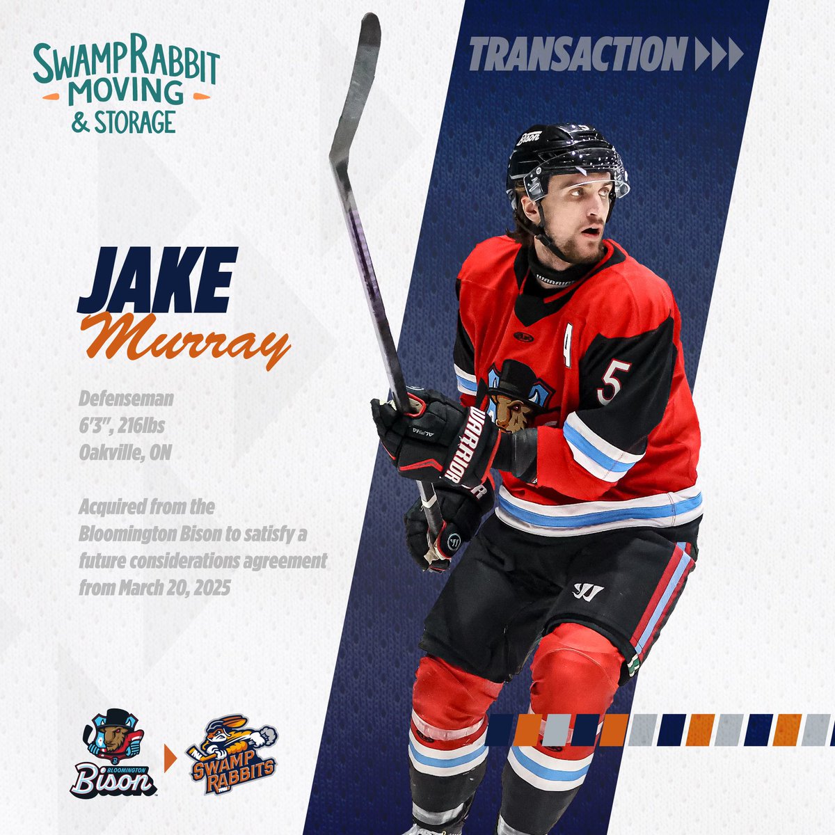 We’ve got offseason Swamp Rabbit Moving Transactions!

Today is the deadline for future considerations trades, and as such, we’ve acquired Jake Murray from the Bloomington Bison and dealt Kyle Haskins to the Reading Royals.

READ MORE: swamprabbits.com/news/2025/06/s…