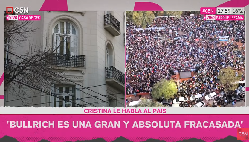 TodoNegativo's tweet photo. "Bullrich busca protagonismo porque es una gran y absoluta fracasada. Nunca llegó a ninguna parte, pero provocó dolor y daño". El mensaje de Cristina a la multitud reunida en Parque Lezama. https://t.co/7nGVFWwUNK