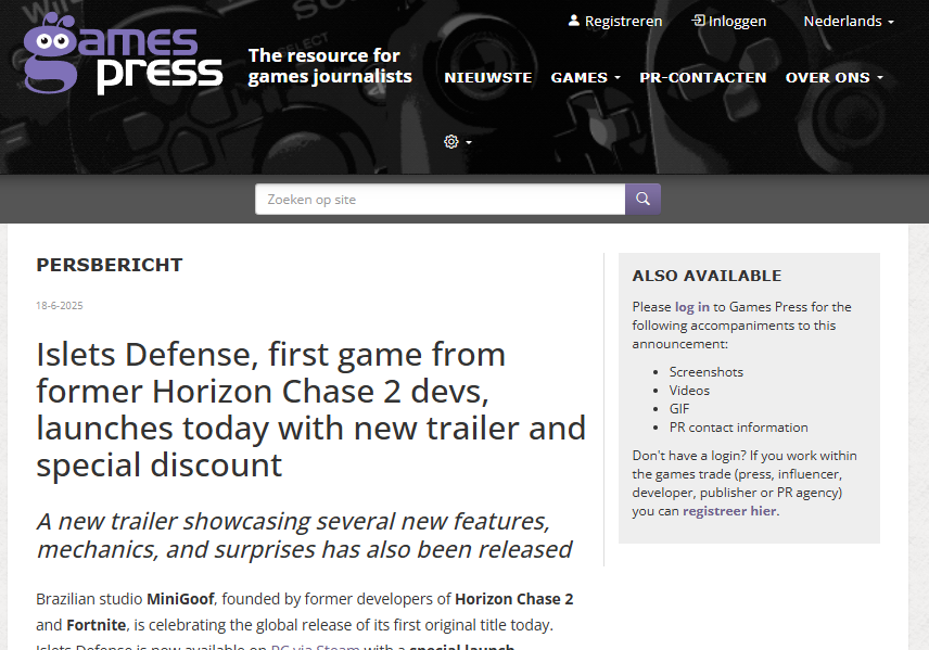 🎉 Que estreia!

O lançamento de Islets Defense foi destaque em diversos portais, e não poderíamos estar mais agradecidos! 🙏
Muito obrigado a todos os veículos que ajudaram a espalhar a palavra sobre o jogo e sobre nosso trabalho como publisher.

Essa visibilidade faz toda a