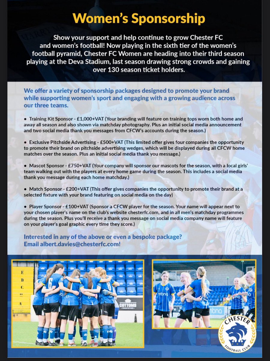 Chester FC Women (@cfcwomens) on Twitter photo ๐ข Sponsorship Opportunities! ๐โฝ
Weโre looking for local businesses or individuals to support the team this season!
๐น Training Kit Sponsor
๐น Pitchside Advertising
๐น Mascot Sponsor
๐น Player Sponsorships
Support the team, grow your brand!
๐ฉ albert.davies@chesterfc.com ๐ข Sponsorship Opportunities! ๐โฝ
Weโre looking for local businesses or individuals to support the team this season!
๐น Training Kit Sponsor
๐น Pitchside Advertising
๐น Mascot Sponsor
๐น Player Sponsorships
Support the team, grow your brand!
๐ฉ albert.davies@chesterfc.com