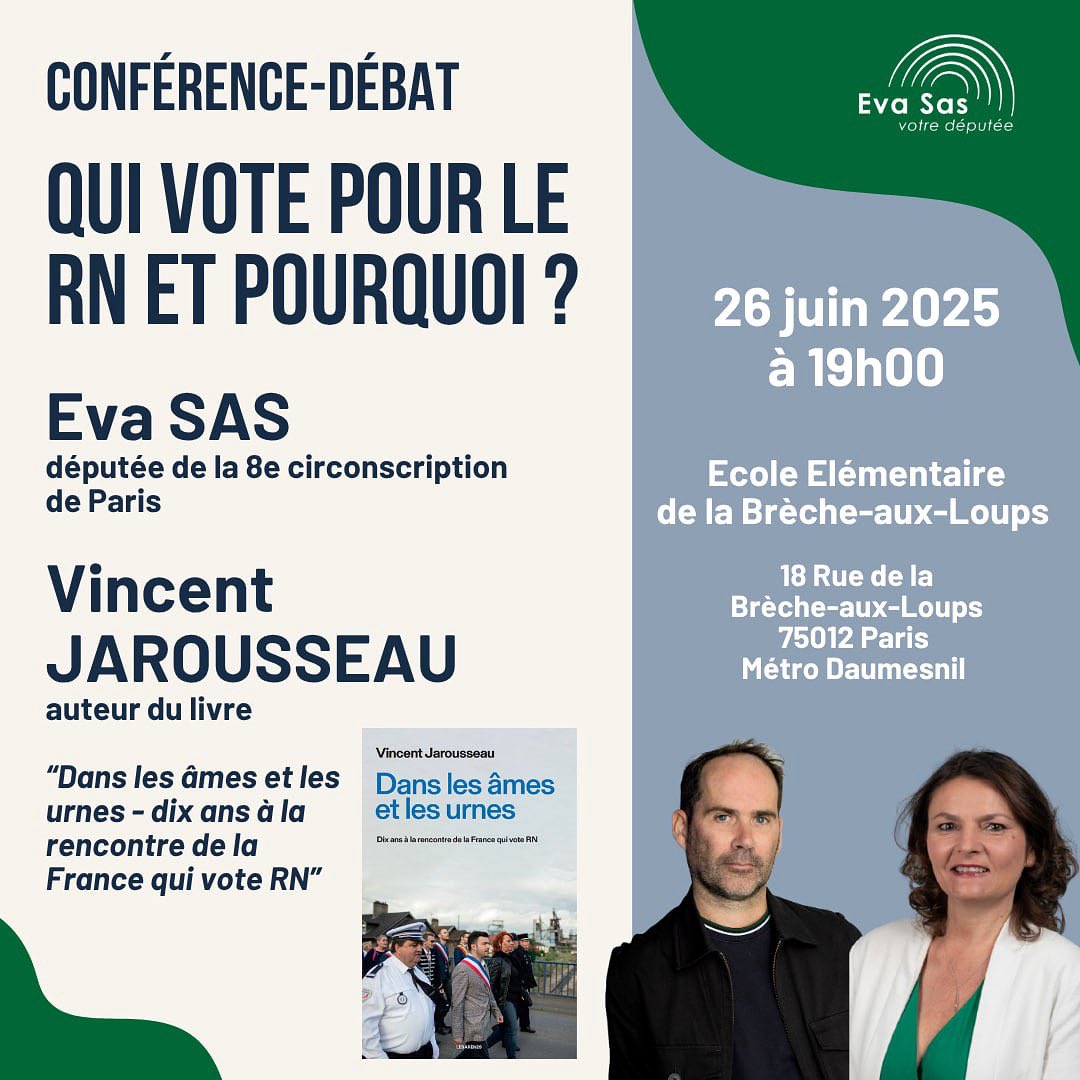 Dernière rencontre avant la trêve estivale à Paris ! <a href="/_EvaSas/">Eva SAS</a>, ma députée, m’invite à venir présenter « Dans les âmes et les urnes » lors d’une réunion publique le jeudi 26 juin à 19h, à l’école 18, rue de la Brèche aux Loups, dans le 12eme.
#danslesamesetlesurnes <a href="/les_arenes/">Éditions Les Arènes</a>