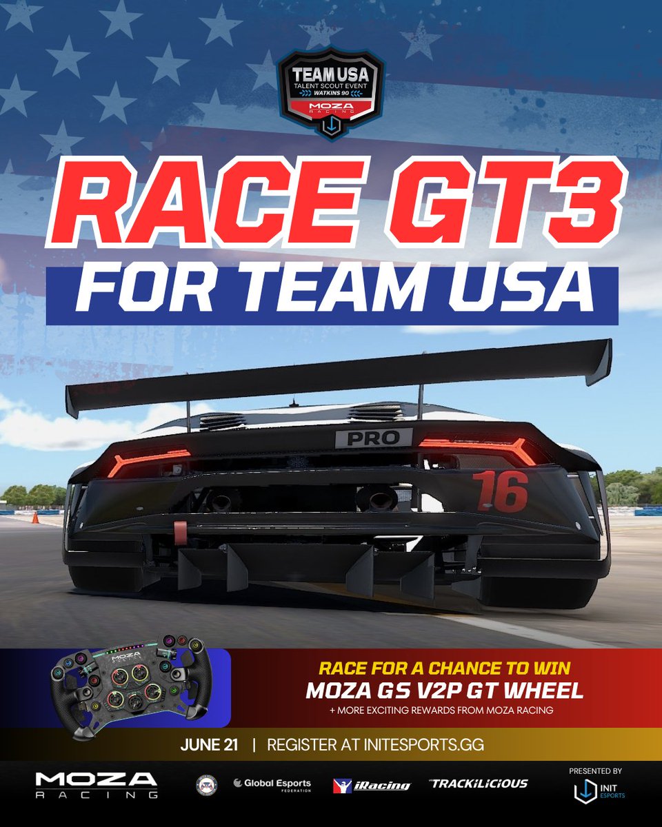 Init Esports (@init_esports) on Twitter photo Take the wheel. Race GT3. Represent your country. 🇺🇸
Team USA Talent Scout is powered by <a href="/moza_racing/">MOZA Racing</a>
🎮 Watch it go down on Twitch @initesports this June 21 at 8PM EST
#simracing #esportsolympics #teamusa #mozaracing #gaming #simracing Take the wheel. Race GT3. Represent your country. 🇺🇸
Team USA Talent Scout is powered by <a href="/moza_racing/">MOZA Racing</a>
🎮 Watch it go down on Twitch @initesports this June 21 at 8PM EST
#simracing #esportsolympics #teamusa #mozaracing #gaming #simracing