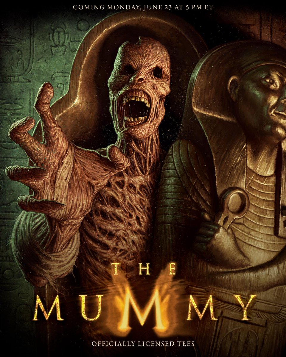 👀 SNEAK PEEK! 💀 Death is only the beginning… THE MUMMY (1999) officially licensed tees rise from the tomb THIS MONDAY, June 23 at 5 PM ET! 🧟‍♂️✨