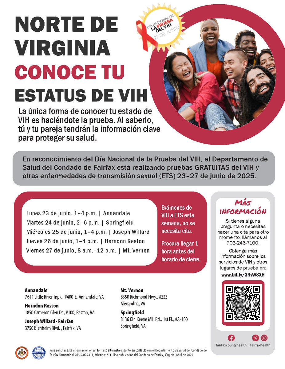 Know your status 🩺 
Get FREE walk-in HIV &amp; STI testing June 23–27 across Fairfax County
🗓️ No appointment needed — just arrive 1 hour before closing
📍 Annandale, Springfield, Reston, Fairfax, Mt. Vernon
🔗 fairfaxcounty.gov/health/hiv-aids
