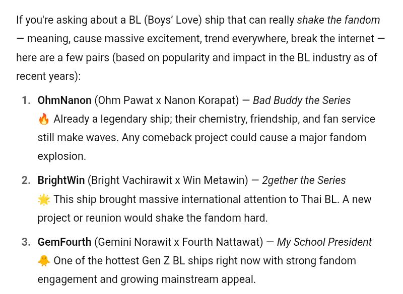 DancersRaine's tweet photo. I asked ChatGPT… and here’s the TOP 3 ships that can really shake the BL fandom world! 🌏💥

1️⃣ OhmNanon
2️⃣ BrightWin
3️⃣ GemFourth

Agree? 😉 Who’s your pick? Drop your fave! ⬇️ #BLworld #mynameisnanon #ohmpawat
#OhmNanon https://t.co/Q8esGAYg7y