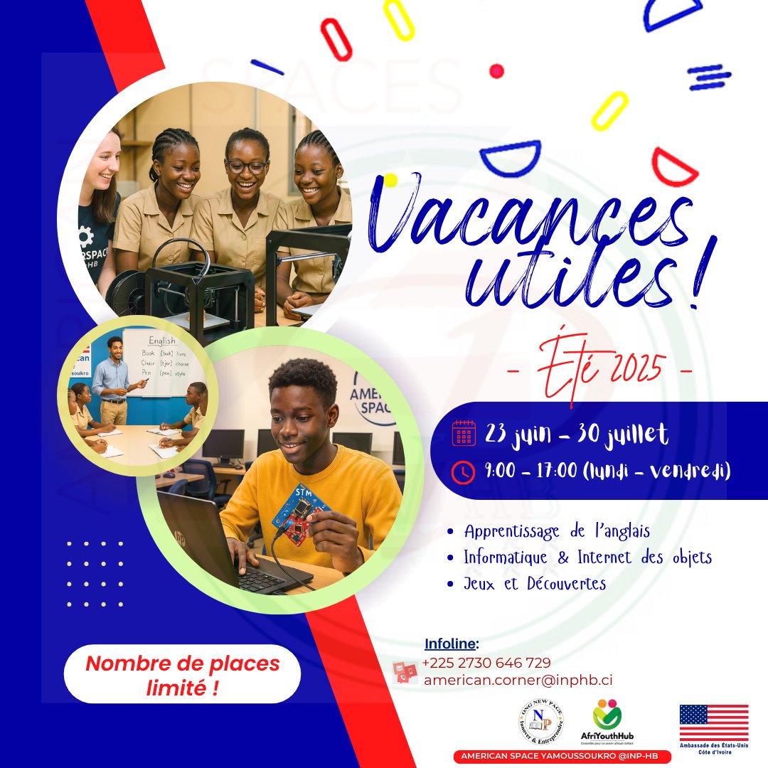 American Corner Yamoussoukro @INP-HB (@amcorner_inphb) on Twitter photo 🎯 Vivent les vacances 2025 !
À l'occasion, des séances d'apprentissage de l'anglais, d'initiation à l'informatique et aux activités de STIM, de découvertes culturelles et éducatives, etc.
📍bit.ly/ASY_INPHB
#AlumniEngagement <a href="/AmericanSpaces/">American Spaces</a> #PeuplePaixProspérité 🇨🇮🫶🏽🇺🇸 🎯 Vivent les vacances 2025 !
À l'occasion, des séances d'apprentissage de l'anglais, d'initiation à l'informatique et aux activités de STIM, de découvertes culturelles et éducatives, etc.
📍bit.ly/ASY_INPHB
#AlumniEngagement <a href="/AmericanSpaces/">American Spaces</a> #PeuplePaixProspérité 🇨🇮🫶🏽🇺🇸