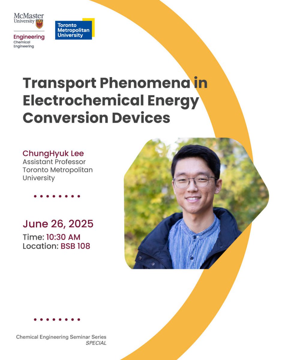 McMaster ChemEng (@mac_chemeng) on Twitter photo π¨ Special Seminar:
Dr. ChungHyuk Lee (<a href="/TorontoMet/">Toronto Metropolitan University</a>) presents:
βTransport Phenomena in Electrochemical Energy Devicesβ ππ¬
π June 26 | β° 10:30β11:30am
π BSB 108
Explore hydrogen fuel cells & electrolyzers and their role in decarbonizing transportation! π±β‘οΈ π¨ Special Seminar:
Dr. ChungHyuk Lee (<a href="/TorontoMet/">Toronto Metropolitan University</a>) presents:
βTransport Phenomena in Electrochemical Energy Devicesβ ππ¬
π June 26 | β° 10:30β11:30am
π BSB 108
Explore hydrogen fuel cells & electrolyzers and their role in decarbonizing transportation! π±β‘οΈ