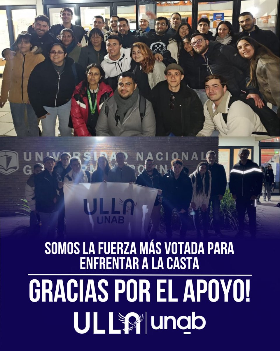 💪🏻 Agradecemos a todos los estudiantes que nos eligieron para enfrentar a la casta universitaria en UNAB.

En Unión y Libertad, por una educación de calidad- ULLA