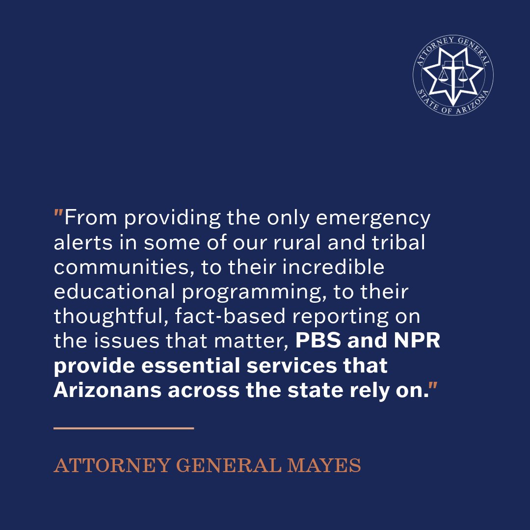 First as a journalist and now as Arizona’s Attorney General, I've seen firsthand the critical role Arizona PBS and NPR stations play in informing the public.

Press release here: azag.gov/press-release/…