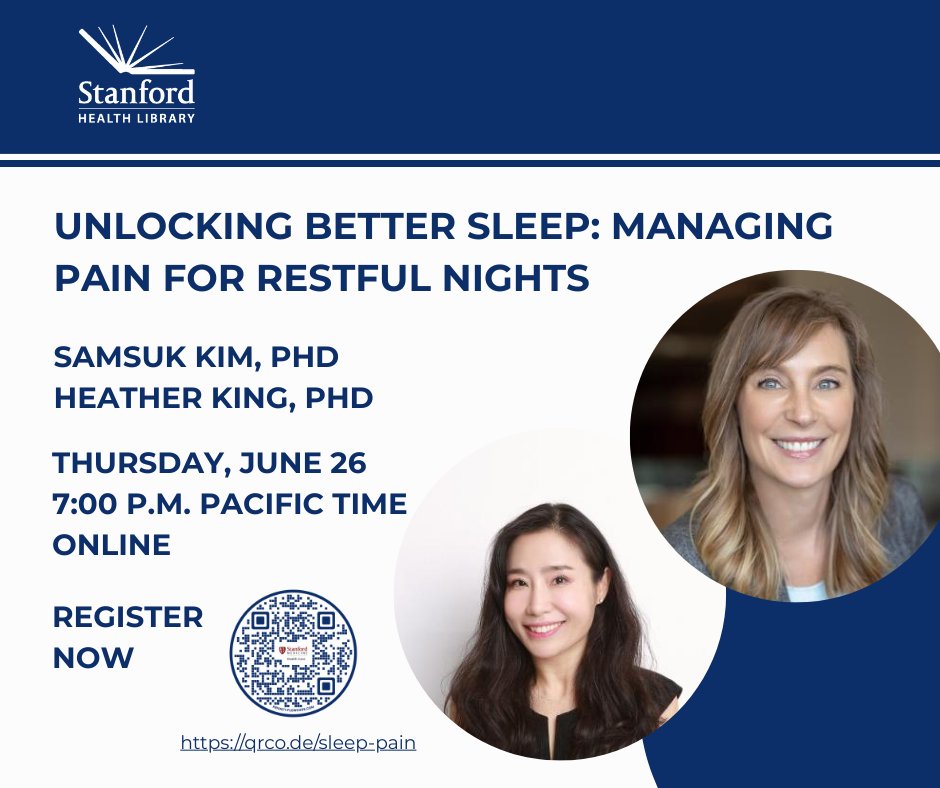 Stanford Health Care (@stanfordhealth) on Twitter photo Poor sleep can worsen pain—and pain can disrupt sleep. Heather King, PhD, and Samsuk Kim, PhD, share practical strategies to break the cycle and get better rest. 📅 June 26 | 7pm PT | Online: stan.md/44jvyY2 Poor sleep can worsen pain—and pain can disrupt sleep. Heather King, PhD, and Samsuk Kim, PhD, share practical strategies to break the cycle and get better rest. 📅 June 26 | 7pm PT | Online: stan.md/44jvyY2
