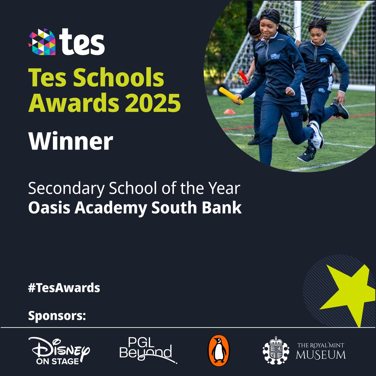 And last, but by no means least, we have Oasis Academy South Bank, who have won the Secondary School of the Year award 👏  

You and your school should be proud! #TesAwards