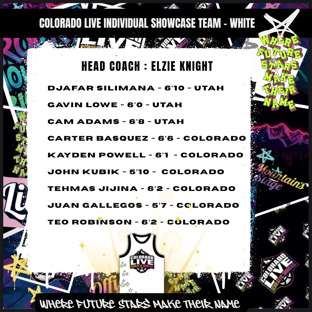 𝗜𝗻𝘁𝗿𝗼𝗱𝘂𝗰𝗶𝗻𝗴 𝗖𝗼𝗹𝗼𝗿𝗮𝗱𝗼 𝗟𝗶𝘃𝗲 𝗦𝗵𝗼𝘄𝗰𝗮𝘀𝗲 𝗜𝗻𝗱𝗶𝘃𝗶𝗱𝘂𝗮𝗹𝘀 - White
Rocky Mountains Big Stage
𝕎𝕙𝕖𝕣𝕖 𝔽𝕦𝕥𝕦𝕣𝕖 𝕊𝕥𝕒𝕣𝕤 𝕞𝕒𝕜𝕖 𝕋𝕙𝕖𝕚𝕣 ℕ𝕒𝕞𝕖.. 🏔️🏀 ⭐️🔥
College Coaches Registration: OPEN 
ColoradoLiveShowcase.Com