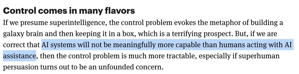 thlarsen's tweet image. This claim from "AI as a normal technology" is clearly wrong, and I'm disappointed that it has gotten so much traction.
1. A lower bound for the capabilities of ASI is like a human, but sped up by a factor of 100x and working 24/7.
2. This would already clearly be…