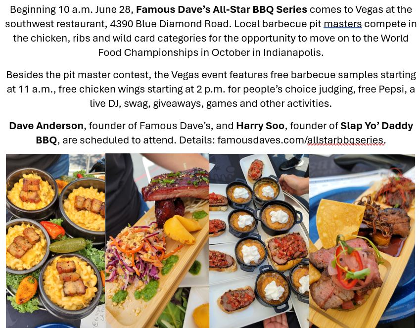 🔥 BBQ fans! June 28 @ 10AM, Famous Dave’s All-Star BBQ Series hits Vegas (4390 Blue Diamond Rd)! Watch pitmasters compete + enjoy free BBQ samples, wings, Pepsi, DJ, games, giveaways &amp; more!
Special guests: Dave Anderson &amp; Harry Soo
👉 famousdaves.com/allstarbbqseri…