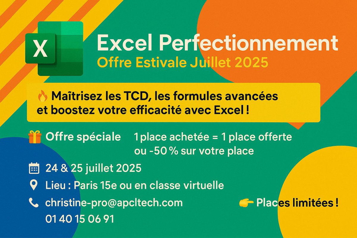 ApclFormations's tweet image. 🔥 &quot;Chaleur sur vos compétences : boostez votre Excel en juillet !&quot;
Duo : 598 € HT pour 2 pers (Session)
Solo -50 % : 299 € HT pour 1 pers (Session)
#Excel #FormationExcel #TableauxCroisésDynamiques #FormulesAvancées #ExcelAvancé #ApclFormation #OffreEstivale