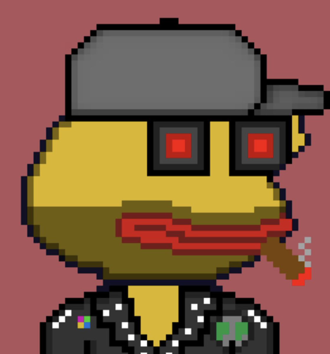 Yellow skin, unshaven, cigar smoking, leather jacket wearing <a href="/PixelatedPepes_/">Pixelated Pepe's 🐸</a>