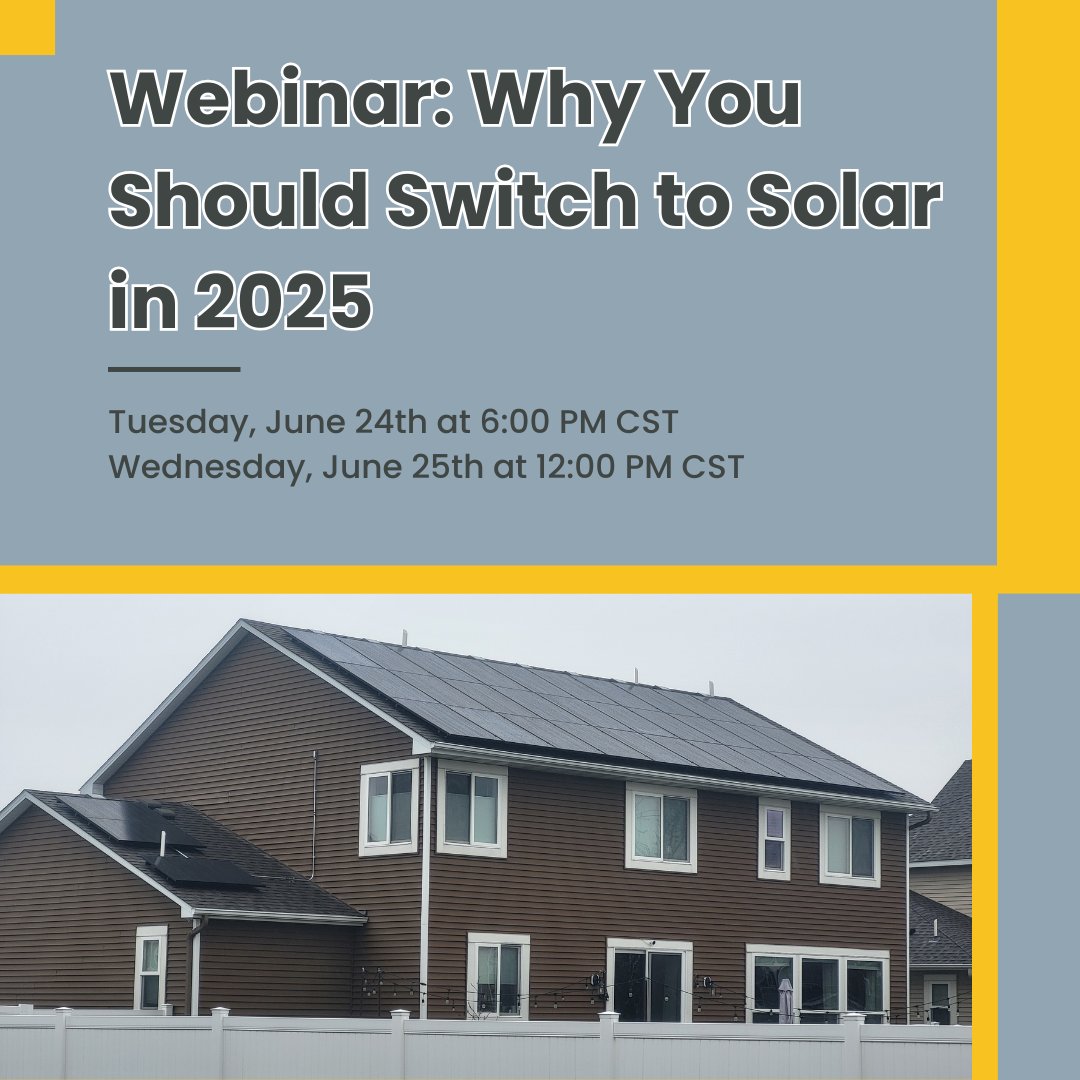 Don't miss this chance to learn more about #solar energy from the comfort of your own home! 🏡 Register for our webinars to start your solar journey today:

Tuesday, June 24th at 6:00 PM CST
tinyurl.com/5fmzehc5

Wednesday, June 25th at 12:00 PM CST
tinyurl.com/yky4tx58