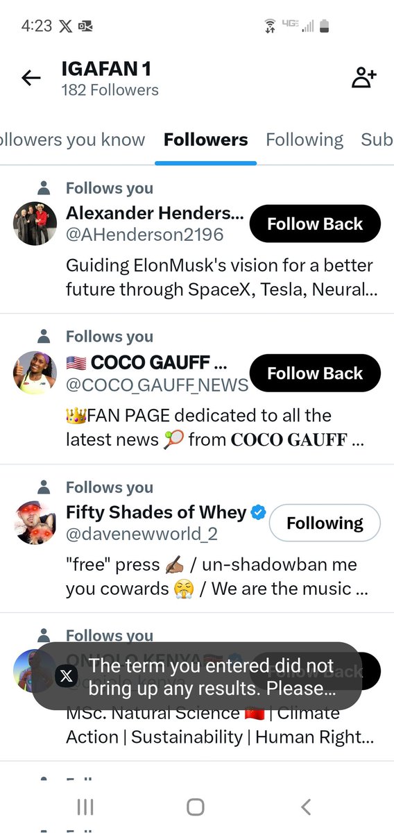 Anyone else seeing strange behavior on X, where you can't open the profile of a new follower? It just flashes back to the list of followers and message says no search results.   Now I can't get rid of these sus accounts.