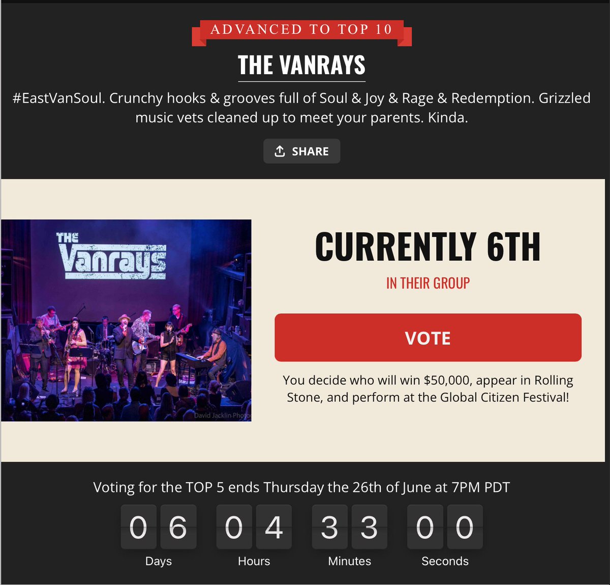 thevanrays's tweet image. Hey!  We hit the top 10 and advanced. Next round is a week away! We appreciate your votes. Keep it up and vote once a day to help send us to NYC.  Vote at  tophitmaker.org/2025/the-vanra…