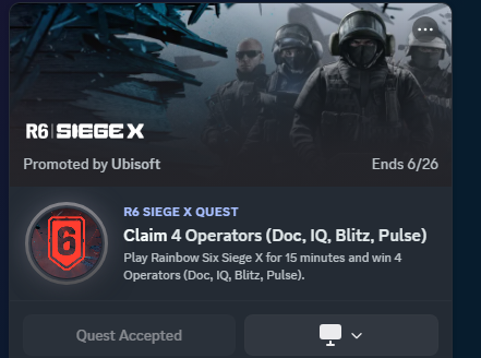 SenVale 🔥 (@senvaletv) on Twitter photo If anyone is new to Siege, accept this discord quest and you can get 4 ops ♥️ If anyone is new to Siege, accept this discord quest and you can get 4 ops ♥️