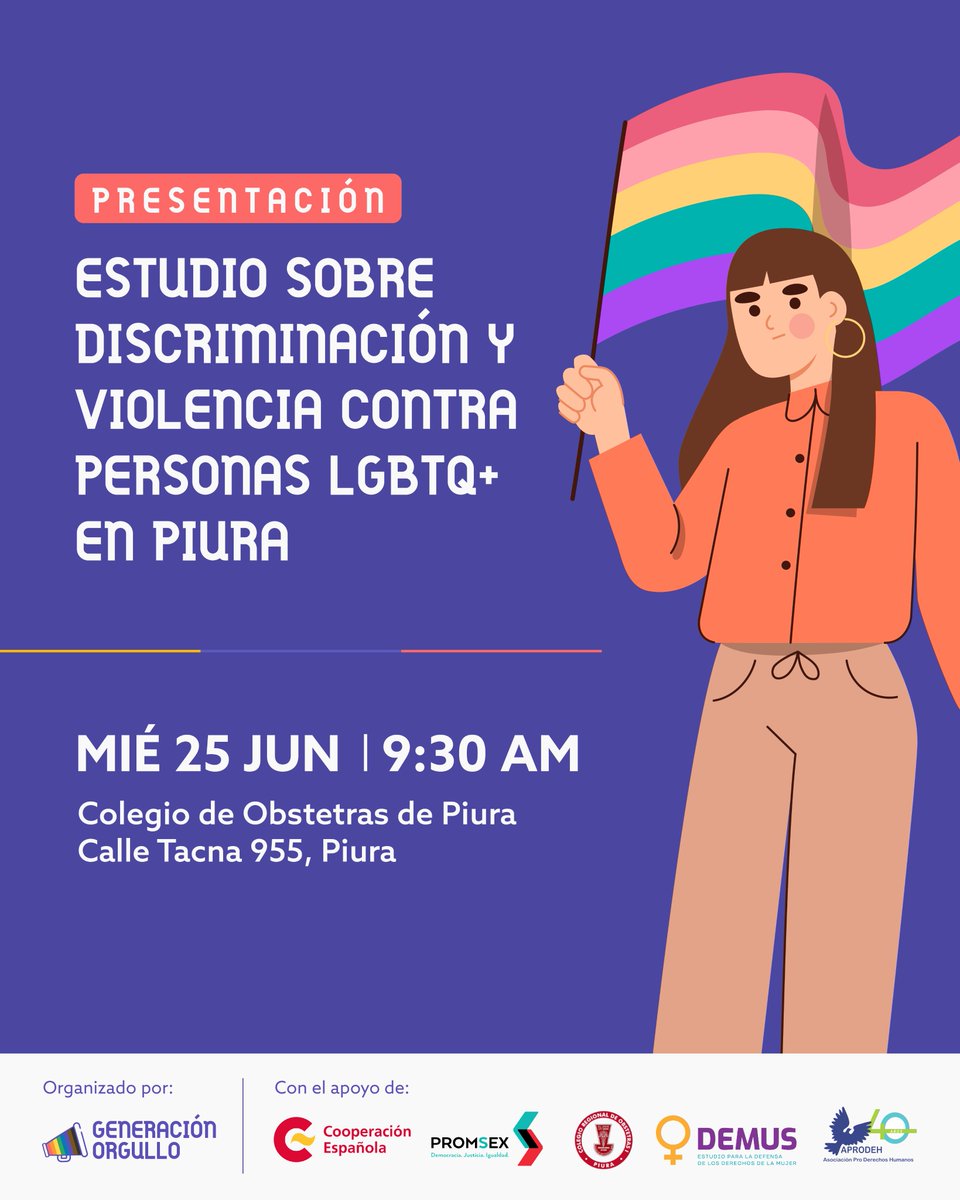 📣 ¡Estudio pionero en #Piura!

Este miércoles 25 de junio, presentaremos el primer estudio sobre discriminación y violencia hacia personas #LGBTQ+. 🌈

🎙 Con comentaristas y público en general.

¡Ven a reflexionar sobre una #PiuraSinDiscriminación!

Gracias a <a href="/GlobalFundWomen/">Global Fund for Women</a>