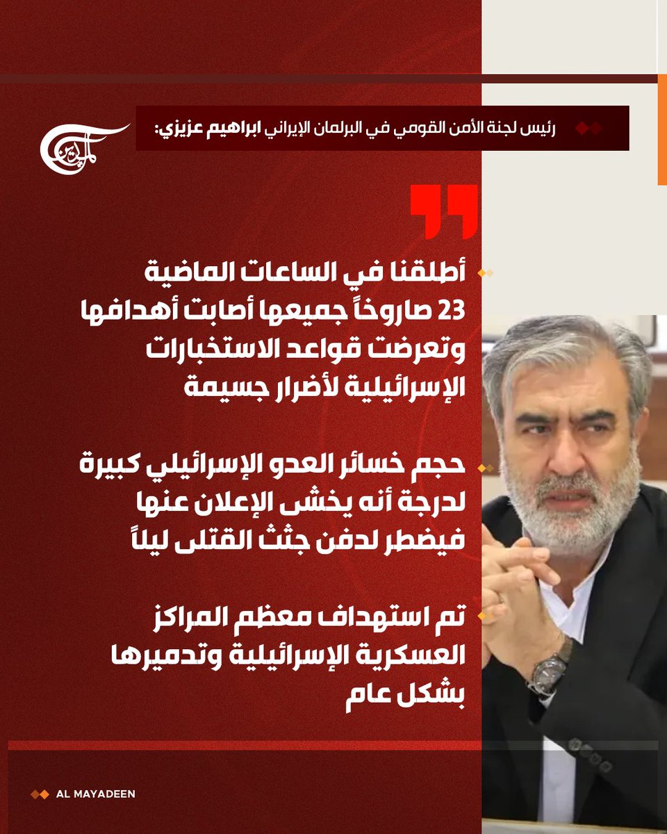 "أطلقنا في الساعات الماضية 23 صاروخاً جميعها أصابت أهدافها وتعرضت قواعد الاستخبارات الإسرائيلية لأضرار جسيمة"

رئيس لجنة الأمن القومي في البرلمان الإيراني ابراهيم عزيزي

#إيران 
#الوعد_الصادق_٣