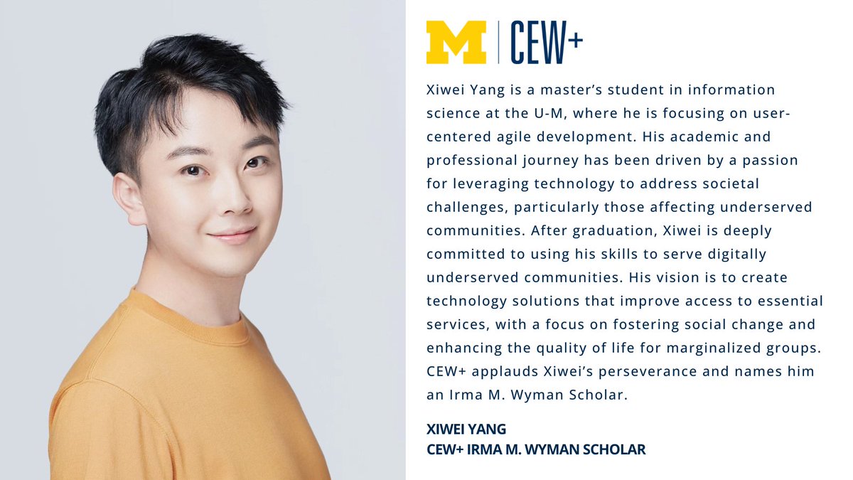 CEWatUM's tweet image. Xiwei Yang is a master鈥檚 student in information science at @umsi. His academic and professional journey has been driven by a passion for leveraging technology to address societal challenges, particularly those affecting underserved communities. bit.ly/4kIbc1v