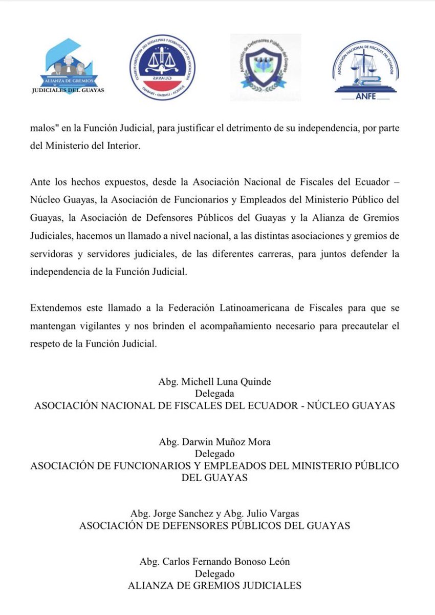 ‼️#URGENTE
La Asociación Nacional de Fiscales del Ecuador, gremios judiciales y defensores públicos del Guayas rechazan que el Ministerio del Interior exponga públicamente a operadores de justicia por no ordenar prisión preventiva.
▶️ <a href="/LaDefensaEc/">LaDefensa</a>